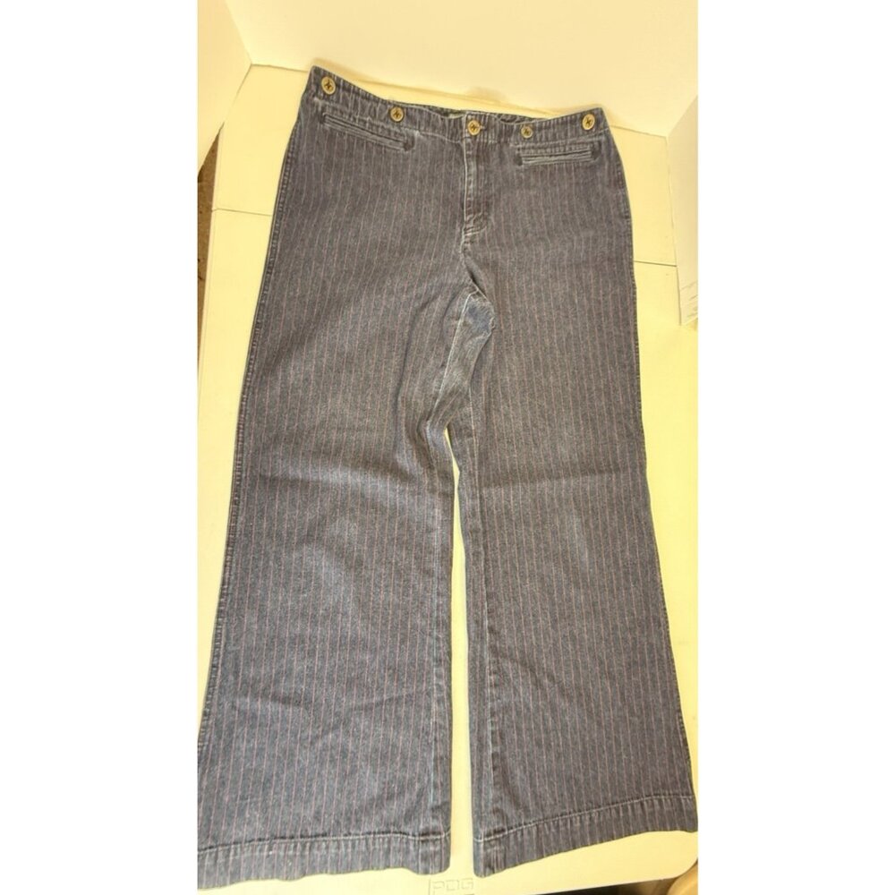 Vtg Lauren JeansCo Ralph Lauren Womens 12 Navy Denim Red Pinstripe Wide Leg Pant